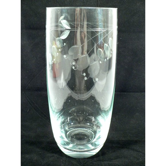 Vase Etched Cylinder Clear Crystal Floral Design Vintage 10.75"